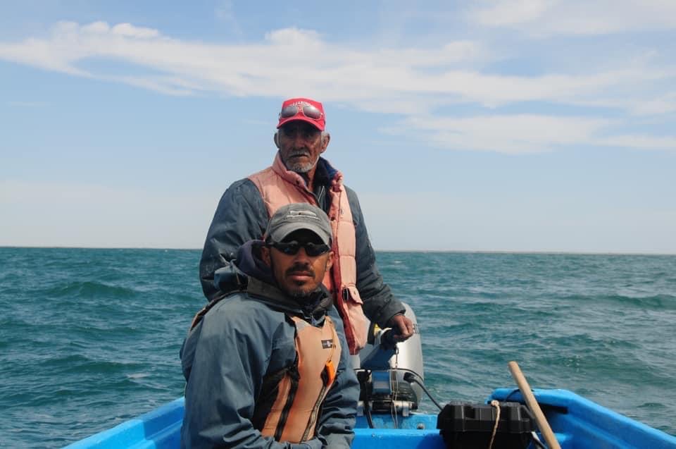 Pachico Mayoral and his son Pancho on a panga boat in San Ignacio Lagoon